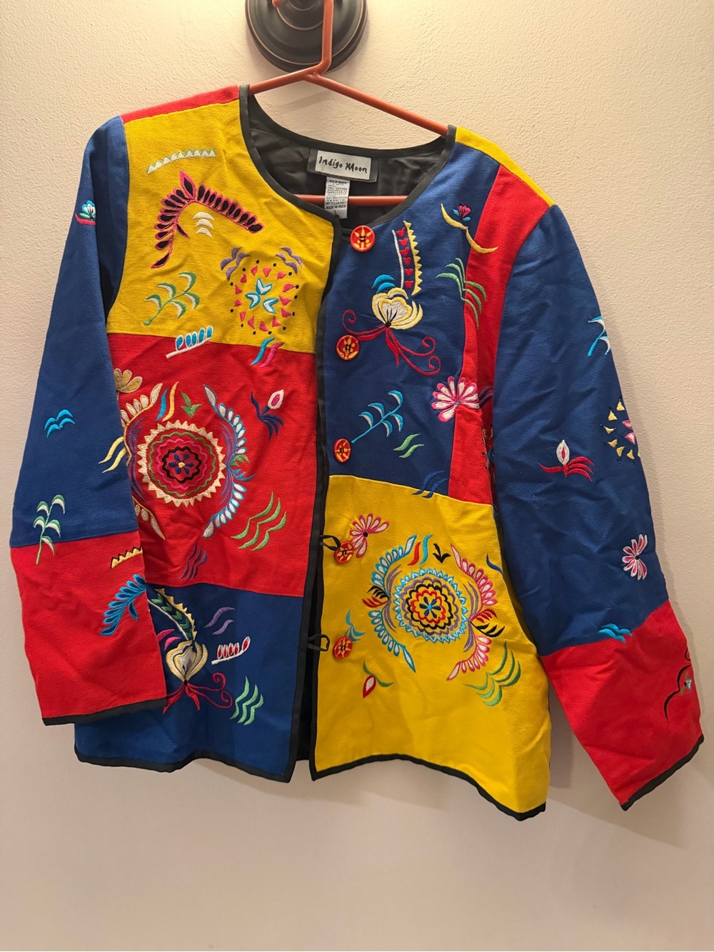 Indigo Moon Embroidered Colorblock Patchwork Jacket Red Blue Yellow Womens Large